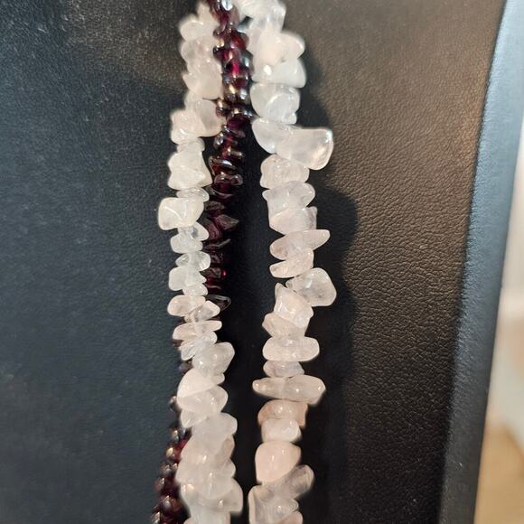 Vintage Garnet Quartz Necklace Red White Gemstone Raw Beaded 10" Layered Neutral - Picture 5 of 8